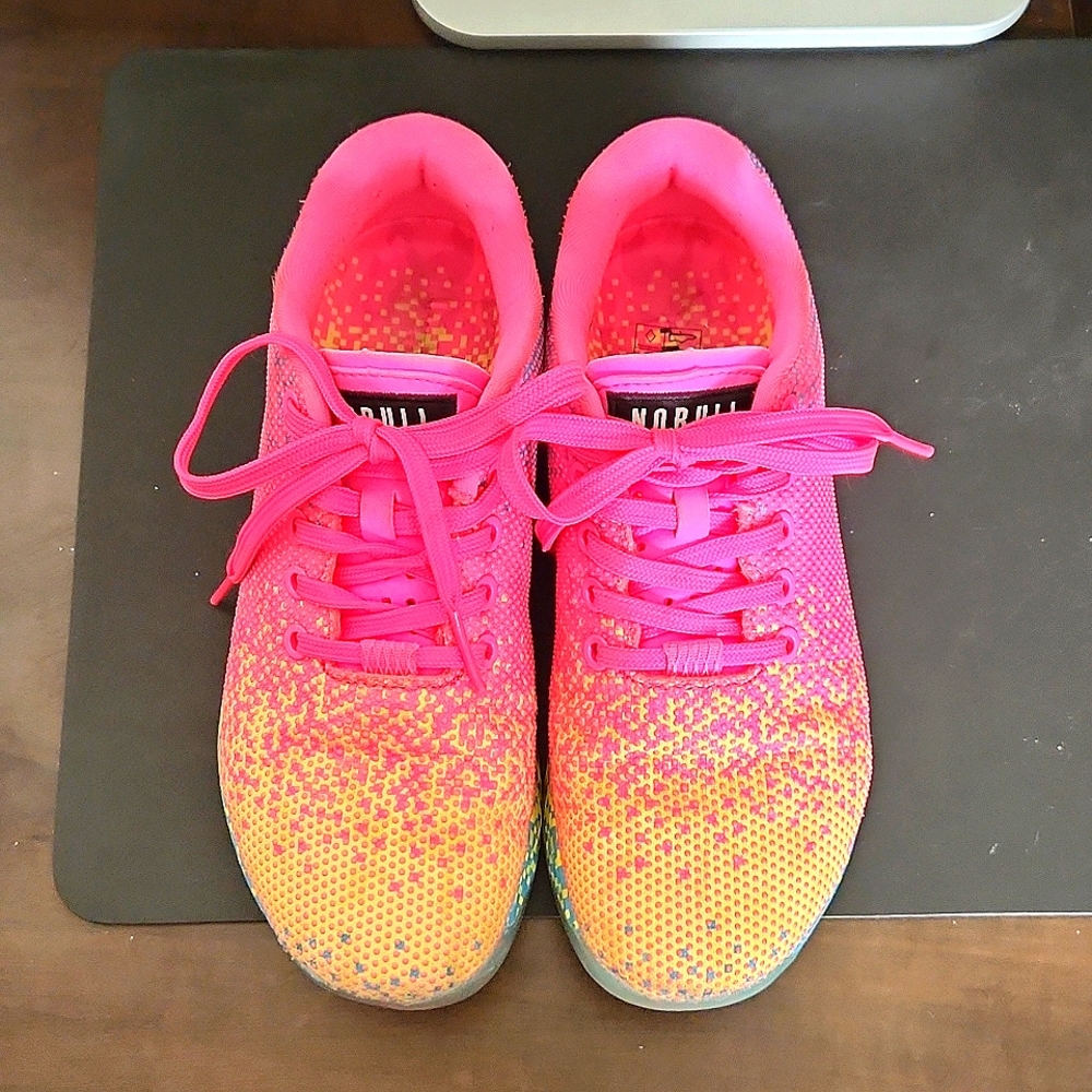 7.5 Womens Neon yellow, pink and blue Nobull Trainers